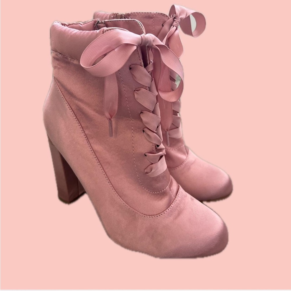 Pink Satin lace-up boots with bow detailing